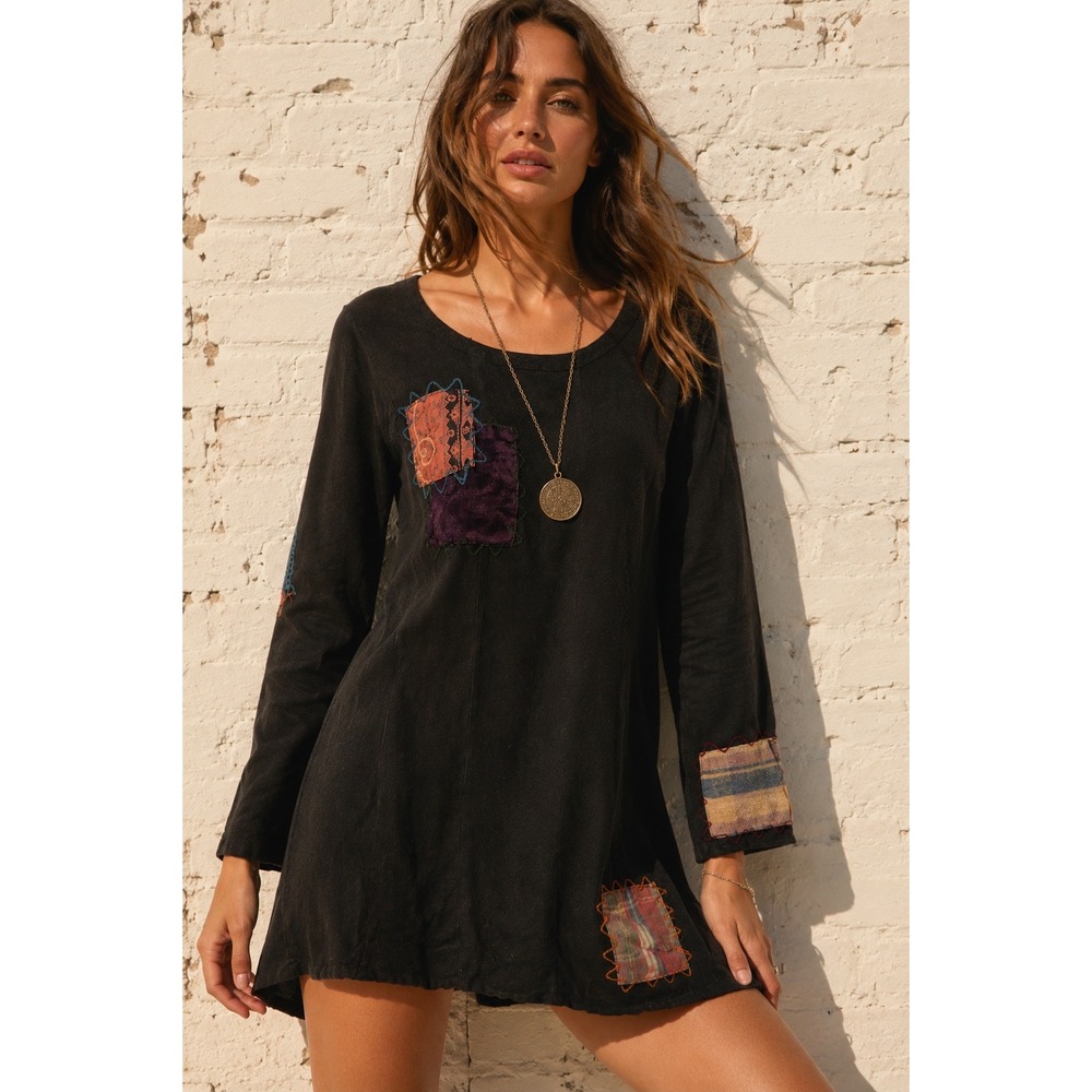Vintage Sacred Threads Black Rayon Patchwork Boho Tunic Top Mini Dress M/L
